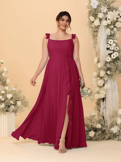 A-Line/Princess Square Neck Sleeveless Plus Size Bridesmaid Dresses With Side Slit & Ruffles