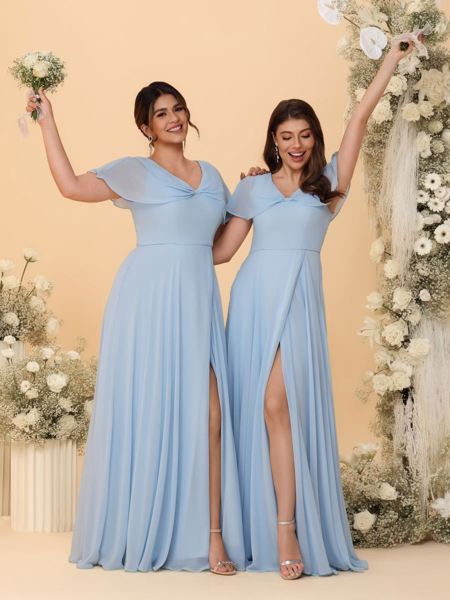 A-Line/Princess V-Neck Short Sleeves Long Chiffon Bridesmaid Dresses With Side Slit