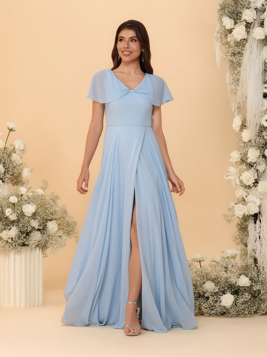 A-Line/Princess V-Neck Short Sleeves Long Chiffon Bridesmaid Dresses With Side Slit
