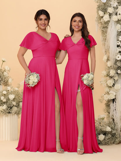 A-Line/Princess V-Neck Short Sleeves Long Chiffon Bridesmaid Dresses With Side Slit