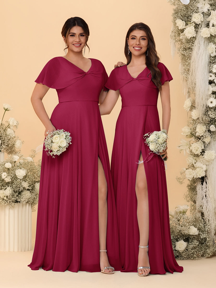 A-Line/Princess V-Neck Short Sleeves Long Chiffon Bridesmaid Dresses With Side Slit