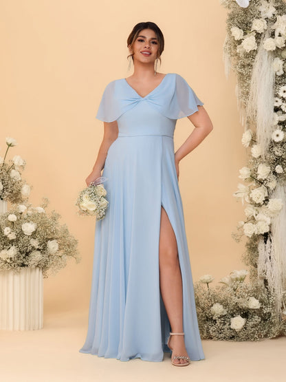 A-Line/Princess V-Neck Short Sleeves Plus Size Bridesmaid Dresses With Side Slit