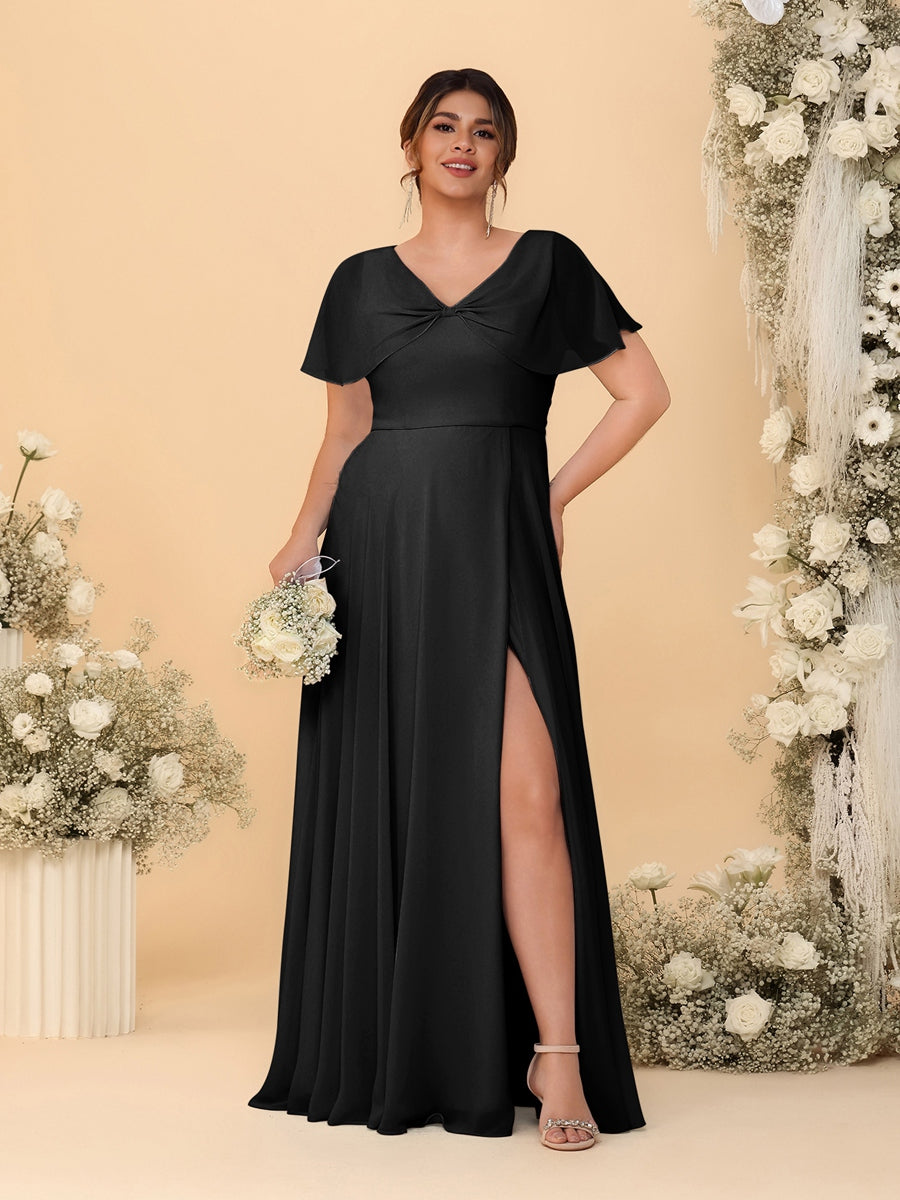 A-Line/Princess V-Neck Short Sleeves Plus Size Bridesmaid Dresses With Side Slit