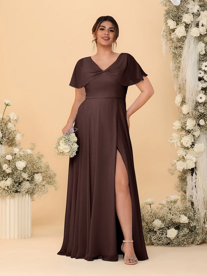 A-Line/Princess V-Neck Short Sleeves Plus Size Bridesmaid Dresses With Side Slit