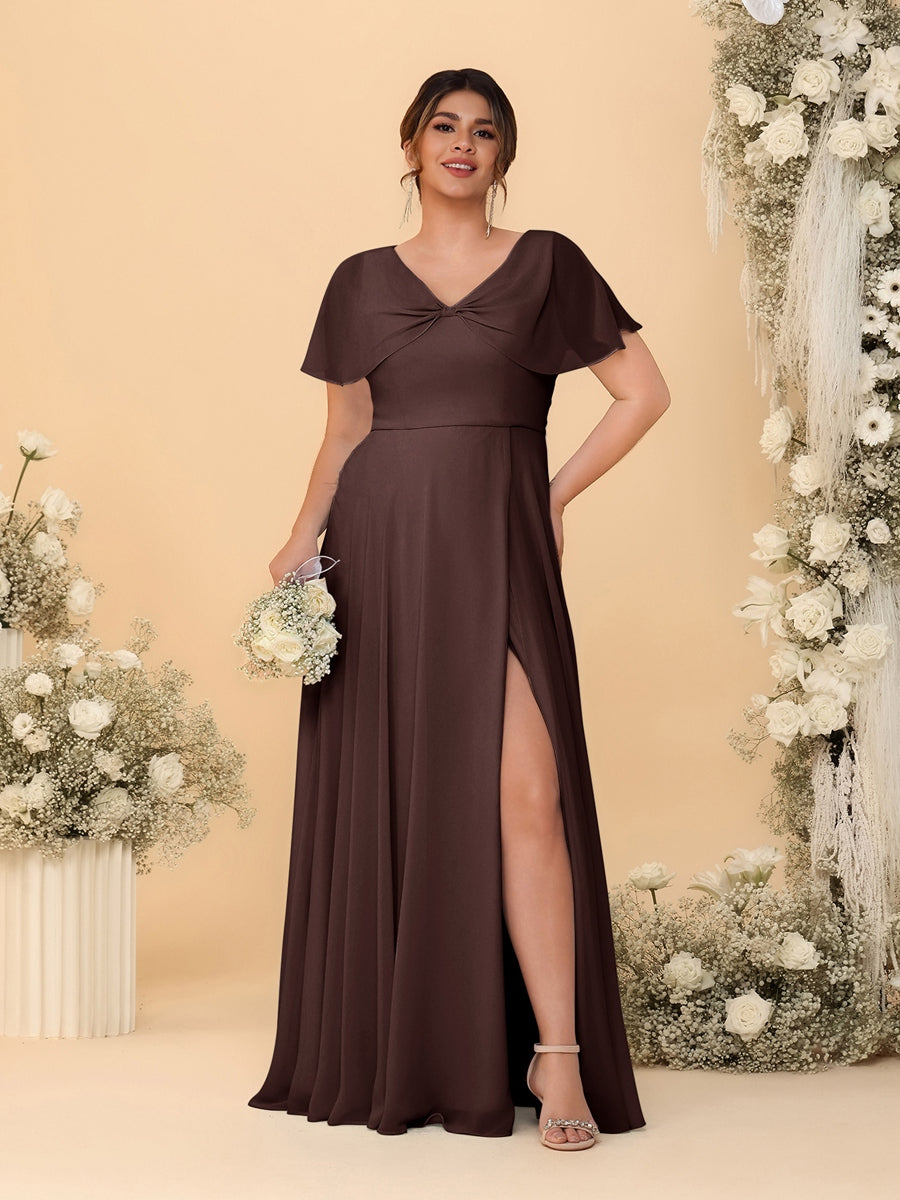 A-Line/Princess V-Neck Short Sleeves Plus Size Bridesmaid Dresses With Side Slit