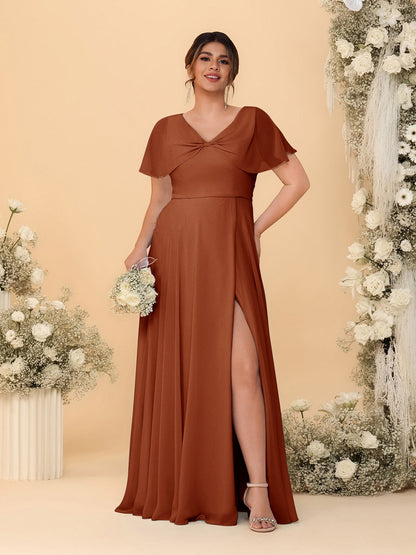 A-Line/Princess V-Neck Short Sleeves Plus Size Bridesmaid Dresses With Side Slit