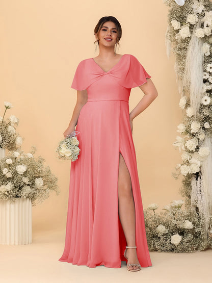 A-Line/Princess V-Neck Short Sleeves Plus Size Bridesmaid Dresses With Side Slit