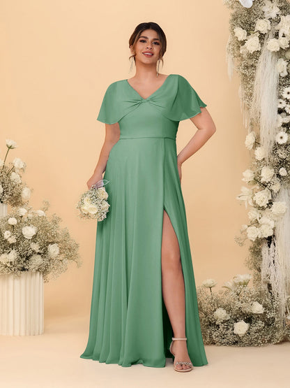 A-Line/Princess V-Neck Short Sleeves Plus Size Bridesmaid Dresses With Side Slit
