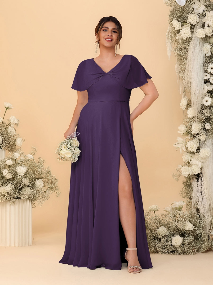 A-Line/Princess V-Neck Short Sleeves Plus Size Bridesmaid Dresses With Side Slit