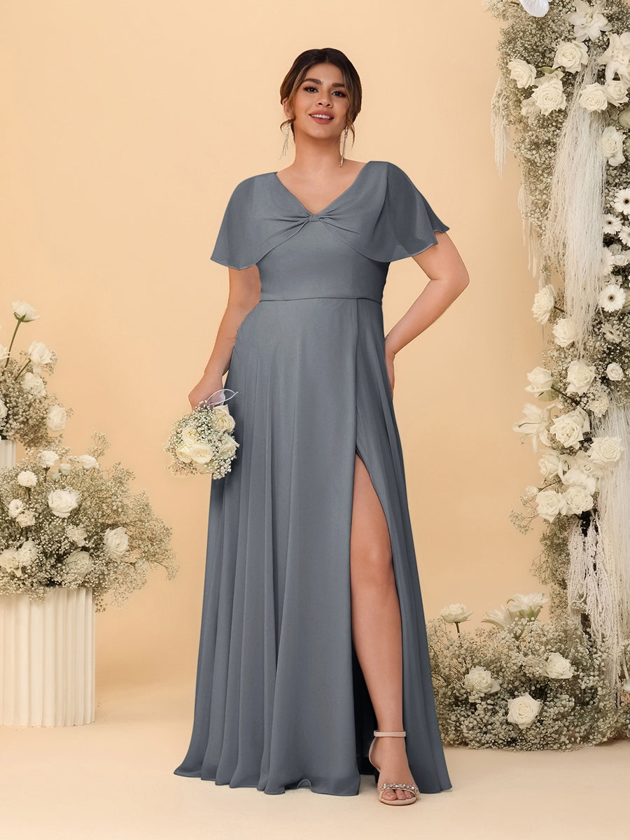 A-Line/Princess V-Neck Short Sleeves Plus Size Bridesmaid Dresses With Side Slit