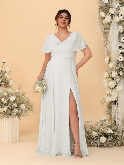 A-Line/Princess V-Neck Short Sleeves Plus Size Bridesmaid Dresses With Side Slit