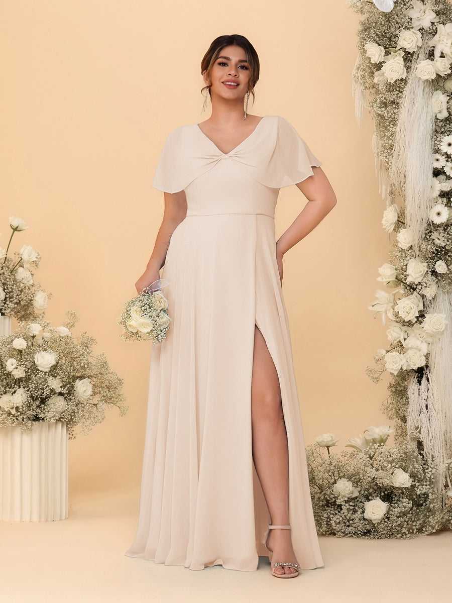 A-Line/Princess V-Neck Short Sleeves Plus Size Bridesmaid Dresses With Side Slit