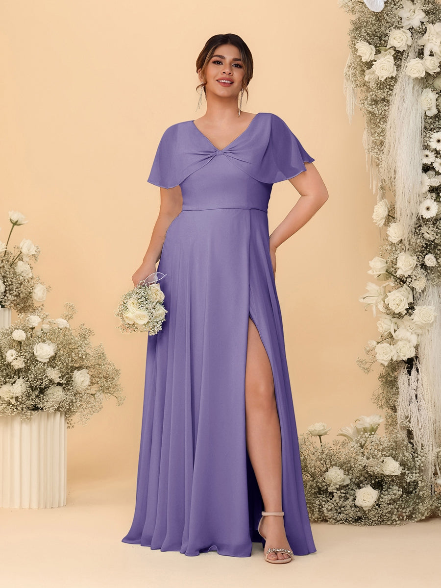 A-Line/Princess V-Neck Short Sleeves Plus Size Bridesmaid Dresses With Side Slit