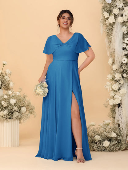 A-Line/Princess V-Neck Short Sleeves Plus Size Bridesmaid Dresses With Side Slit