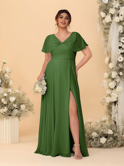 A-Line/Princess V-Neck Short Sleeves Plus Size Bridesmaid Dresses With Side Slit
