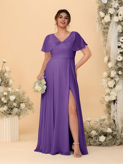A-Line/Princess V-Neck Short Sleeves Plus Size Bridesmaid Dresses With Side Slit