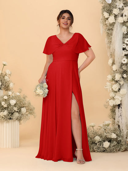 A-Line/Princess V-Neck Short Sleeves Plus Size Bridesmaid Dresses With Side Slit