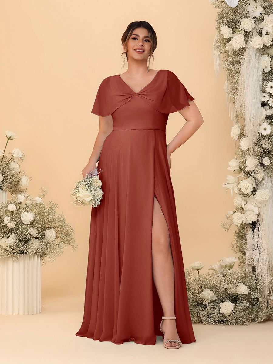 A-Line/Princess V-Neck Short Sleeves Plus Size Bridesmaid Dresses With Side Slit