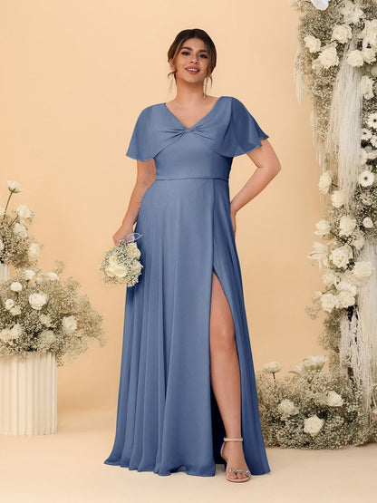 A-Line/Princess V-Neck Short Sleeves Plus Size Bridesmaid Dresses With Side Slit