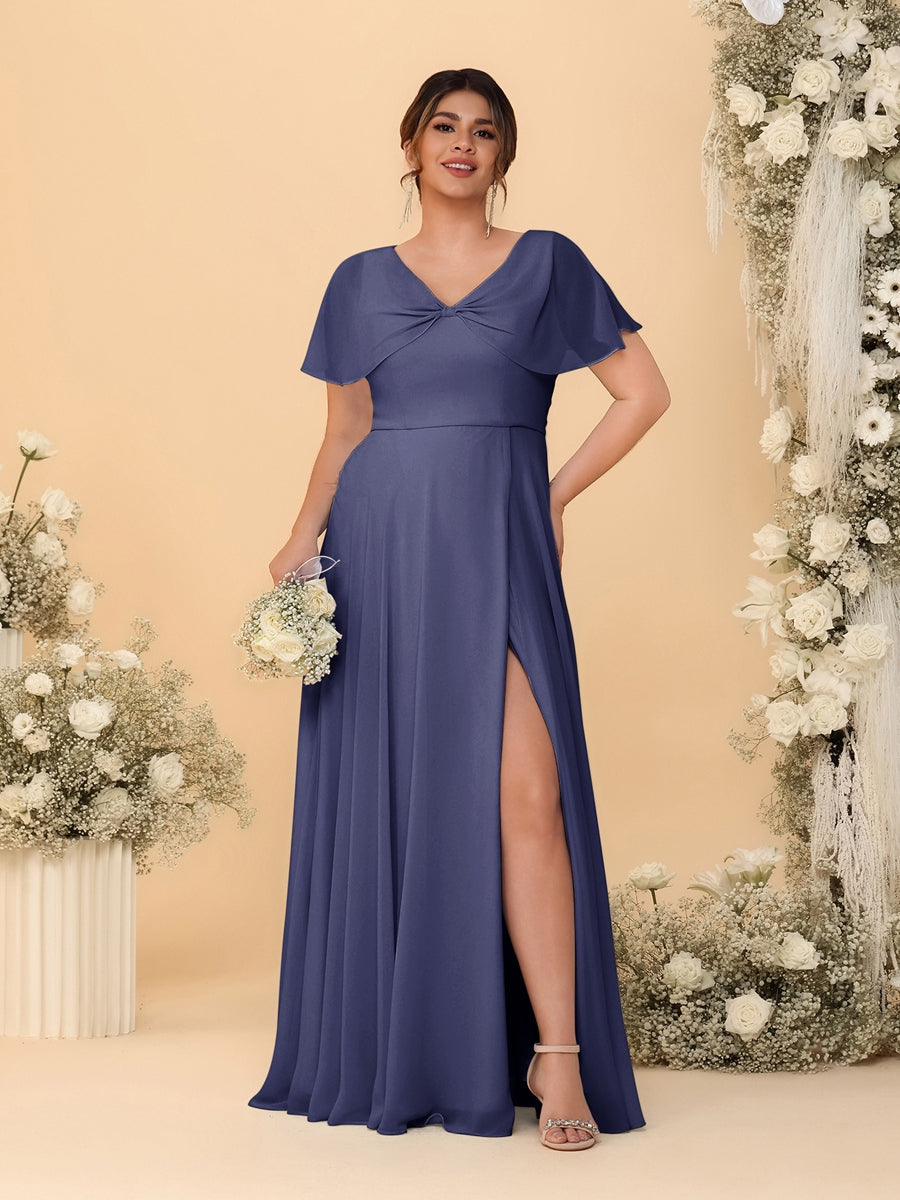 A-Line/Princess V-Neck Short Sleeves Plus Size Bridesmaid Dresses With Side Slit