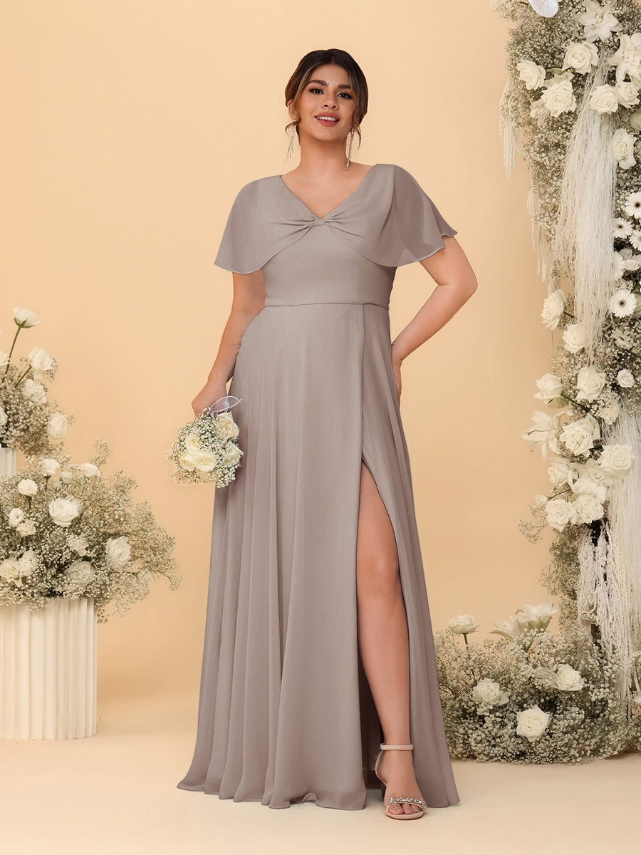 A-Line/Princess V-Neck Short Sleeves Plus Size Bridesmaid Dresses With Side Slit
