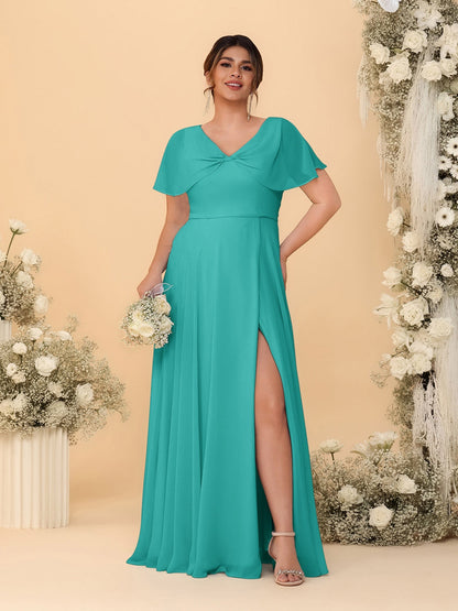 A-Line/Princess V-Neck Short Sleeves Plus Size Bridesmaid Dresses With Side Slit