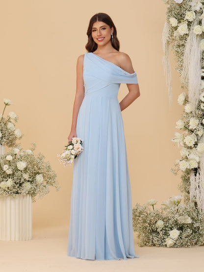 A-Line/Princess One-Shoulder Floor-Length Bridesmaid Dresses With Watteau Train