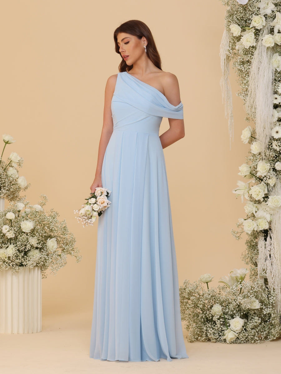 A-Line/Princess One-Shoulder Floor-Length Bridesmaid Dresses With Watteau Train