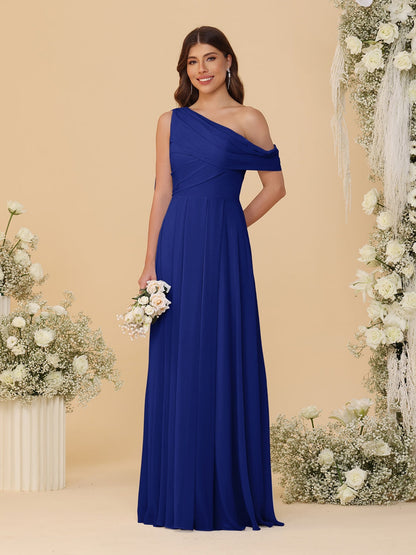 A-Line/Princess One-Shoulder Floor-Length Bridesmaid Dresses With Watteau Train