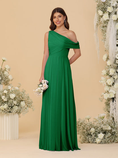 A-Line/Princess One-Shoulder Floor-Length Bridesmaid Dresses With Watteau Train