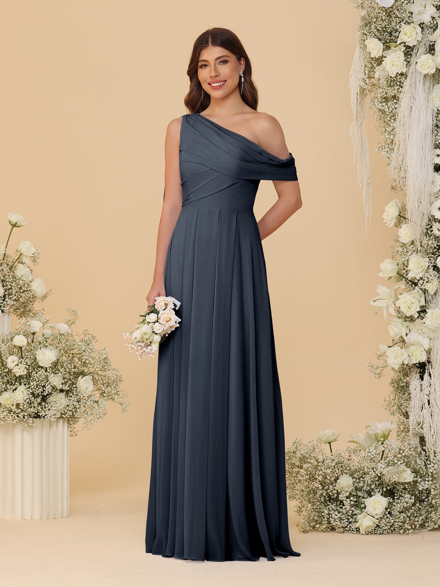 A-Line/Princess One-Shoulder Floor-Length Bridesmaid Dresses With Watteau Train