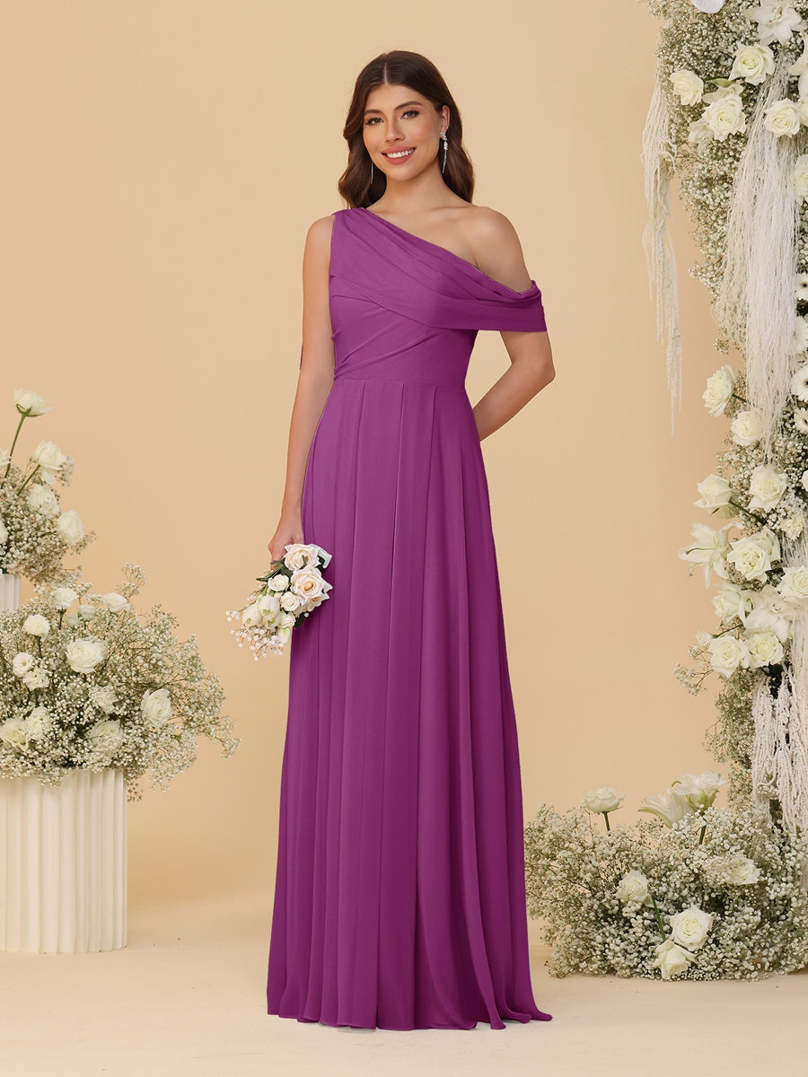 A-Line/Princess One-Shoulder Floor-Length Bridesmaid Dresses With Watteau Train