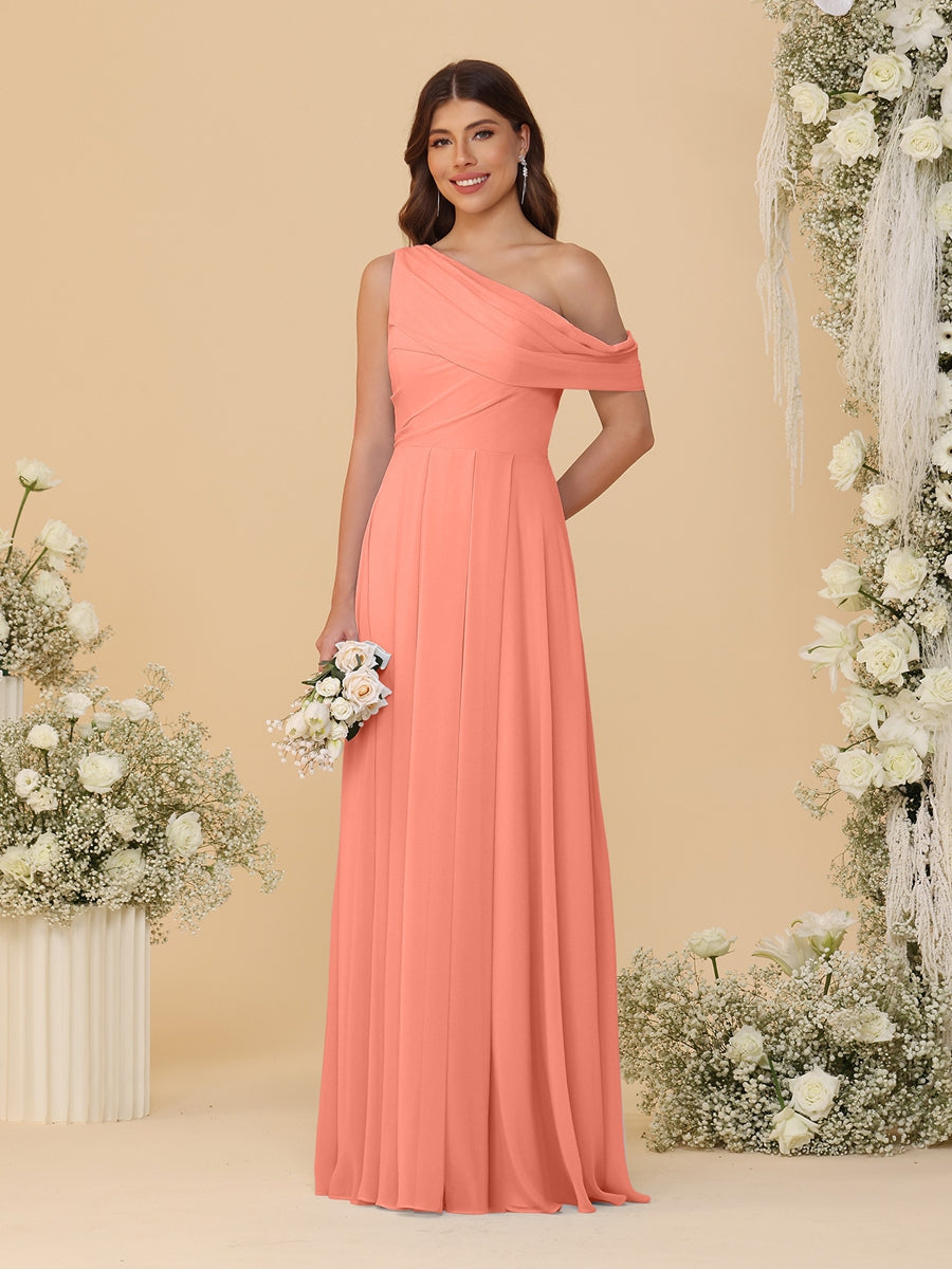 A-Line/Princess One-Shoulder Floor-Length Bridesmaid Dresses With Watteau Train