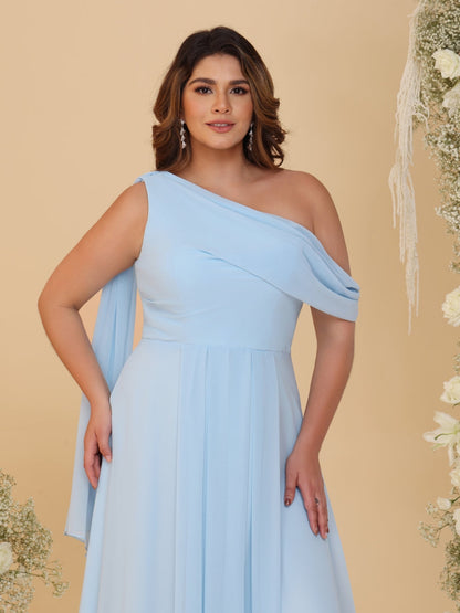 A-Line/Princess One-Shoulder Floor-Length Plus Size Bridesmaid Dresses With Watteau Train