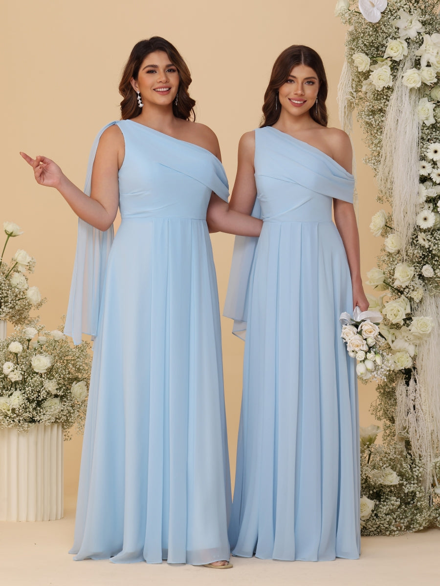 A-Line/Princess One-Shoulder Floor-Length Plus Size Bridesmaid Dresses With Watteau Train