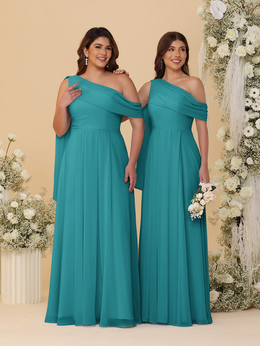 A-Line/Princess One-Shoulder Floor-Length Plus Size Bridesmaid Dresses With Watteau Train