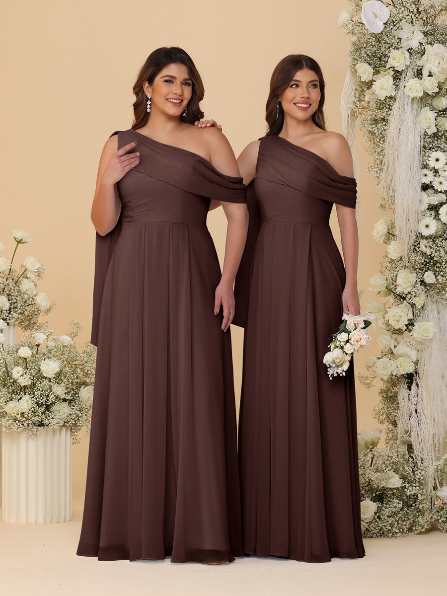 A-Line/Princess One-Shoulder Floor-Length Plus Size Bridesmaid Dresses With Watteau Train