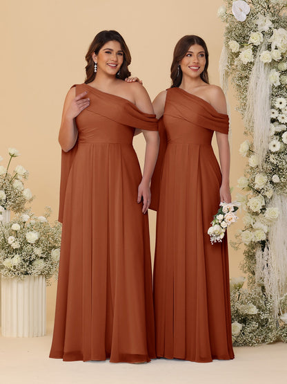 A-Line/Princess One-Shoulder Floor-Length Plus Size Bridesmaid Dresses With Watteau Train