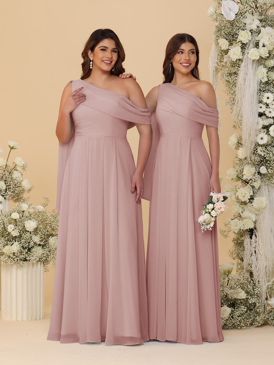A-Line/Princess One-Shoulder Floor-Length Plus Size Bridesmaid Dresses With Watteau Train