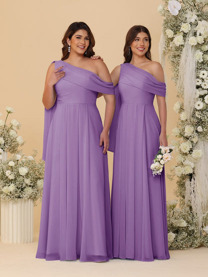 A-Line/Princess One-Shoulder Floor-Length Plus Size Bridesmaid Dresses With Watteau Train
