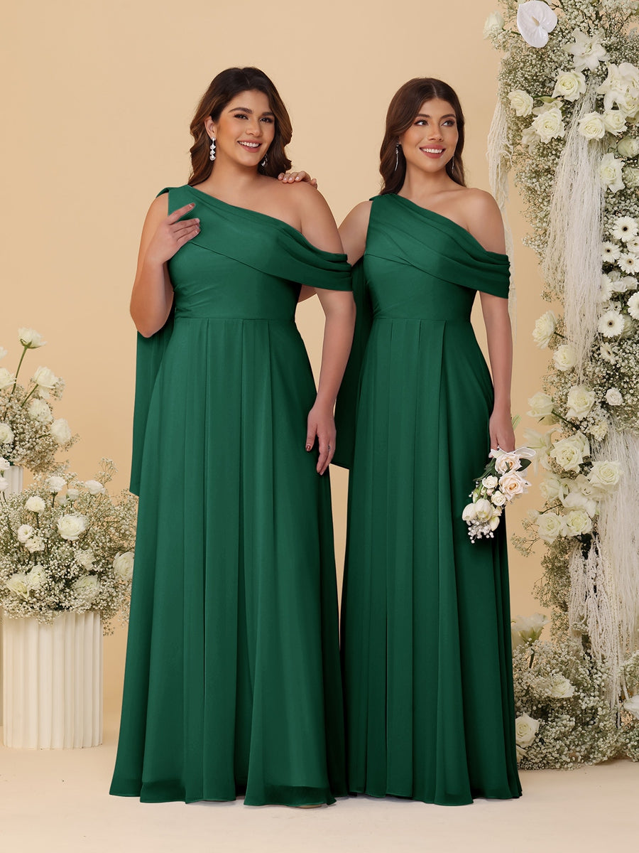 A-Line/Princess One-Shoulder Floor-Length Plus Size Bridesmaid Dresses With Watteau Train