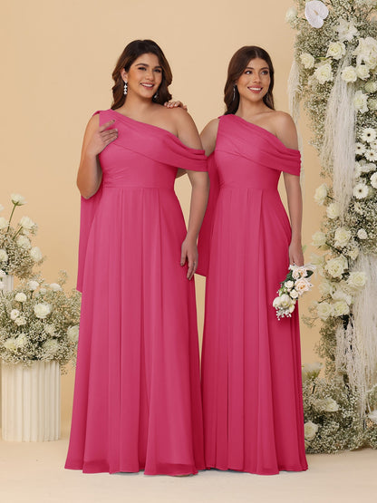 A-Line/Princess One-Shoulder Floor-Length Plus Size Bridesmaid Dresses With Watteau Train