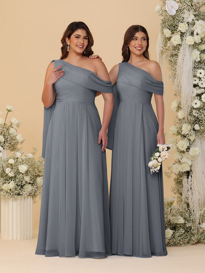 A-Line/Princess One-Shoulder Floor-Length Plus Size Bridesmaid Dresses With Watteau Train