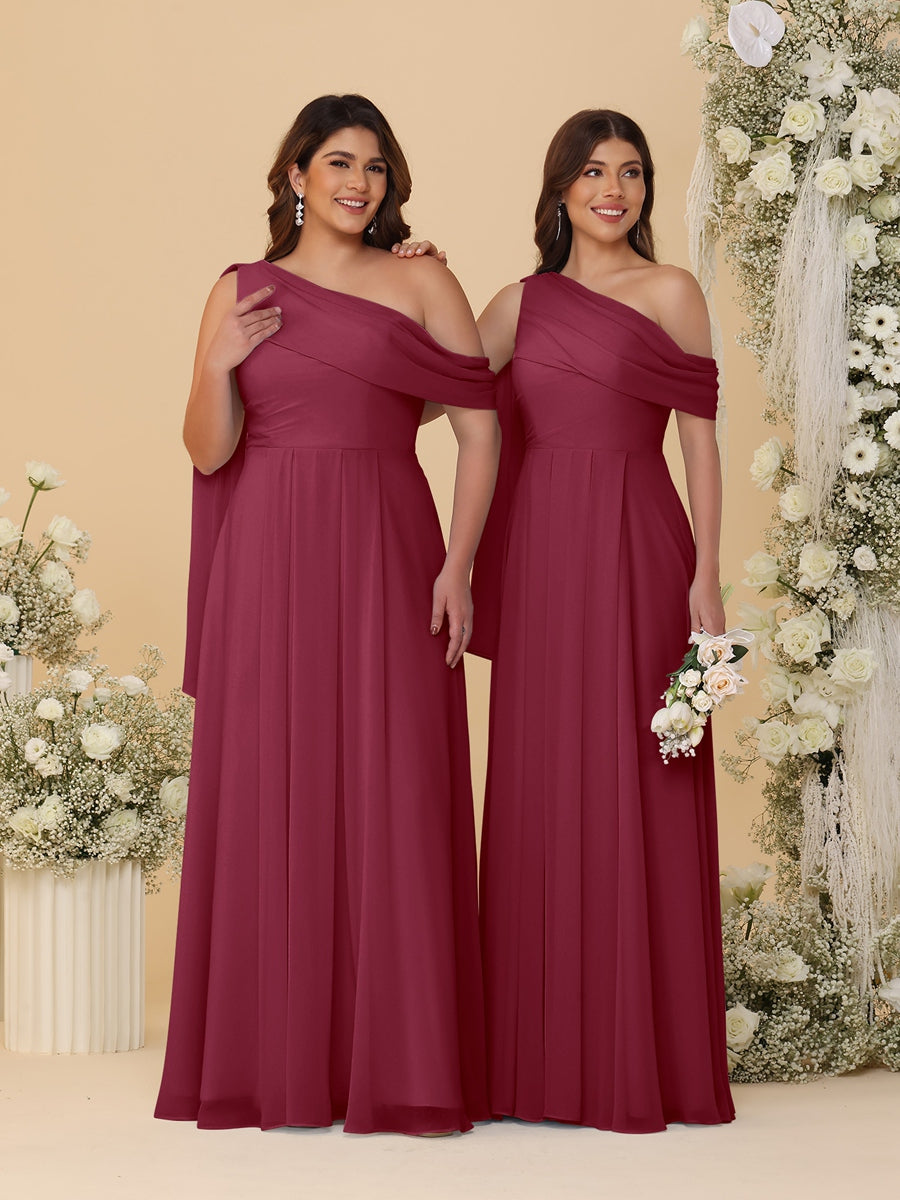 A-Line/Princess One-Shoulder Floor-Length Plus Size Bridesmaid Dresses With Watteau Train