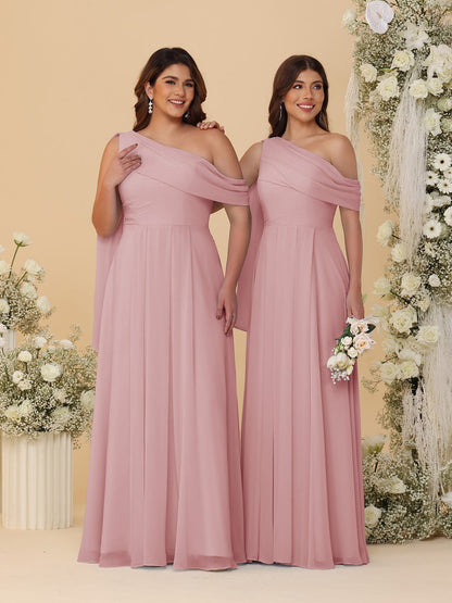 A-Line/Princess One-Shoulder Floor-Length Plus Size Bridesmaid Dresses With Watteau Train
