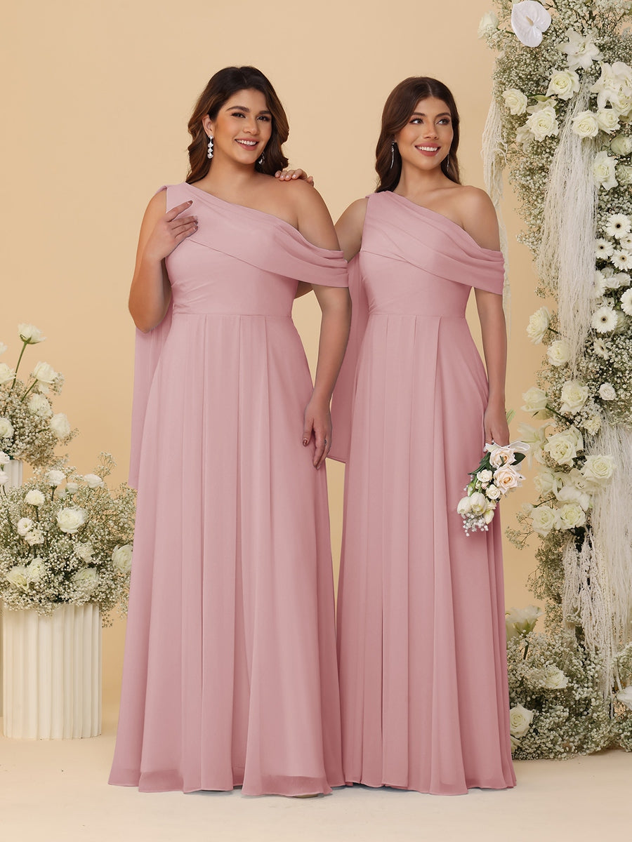 A-Line/Princess One-Shoulder Floor-Length Plus Size Bridesmaid Dresses With Watteau Train
