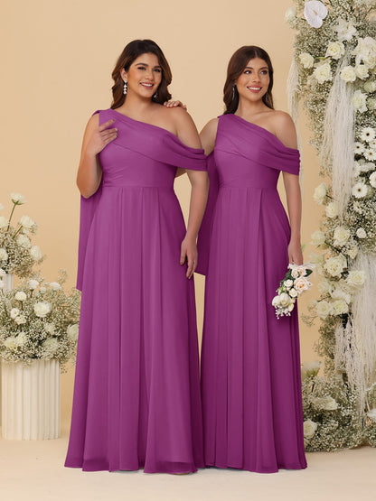 A-Line/Princess One-Shoulder Floor-Length Plus Size Bridesmaid Dresses With Watteau Train