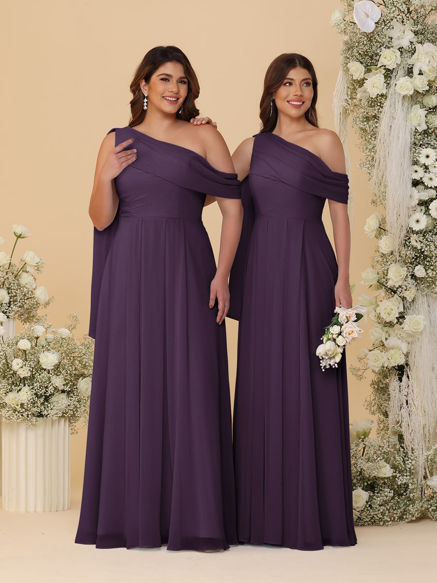 A-Line/Princess One-Shoulder Floor-Length Plus Size Bridesmaid Dresses With Watteau Train