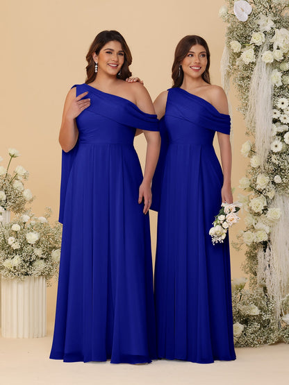 A-Line/Princess One-Shoulder Floor-Length Plus Size Bridesmaid Dresses With Watteau Train