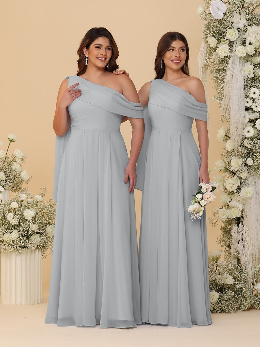 A-Line/Princess One-Shoulder Floor-Length Plus Size Bridesmaid Dresses With Watteau Train